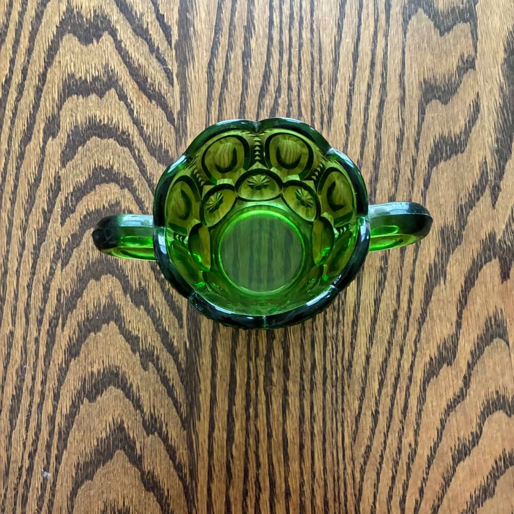 Vintage Emerald Green Depression Glass Sugar Bowl with Double Handles